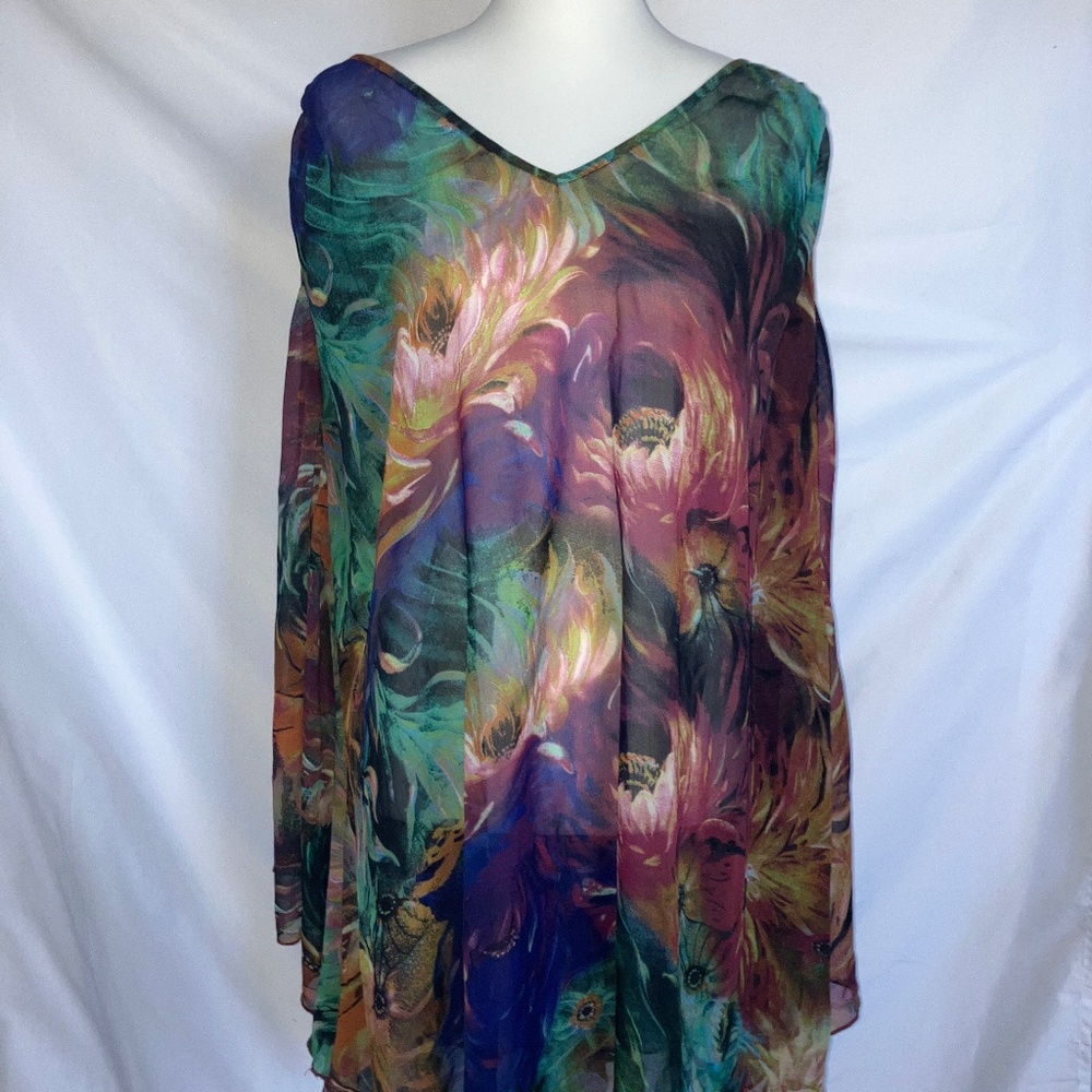J VALDI Multicolor Floral Print Sheer Poncho Caftan Blouse